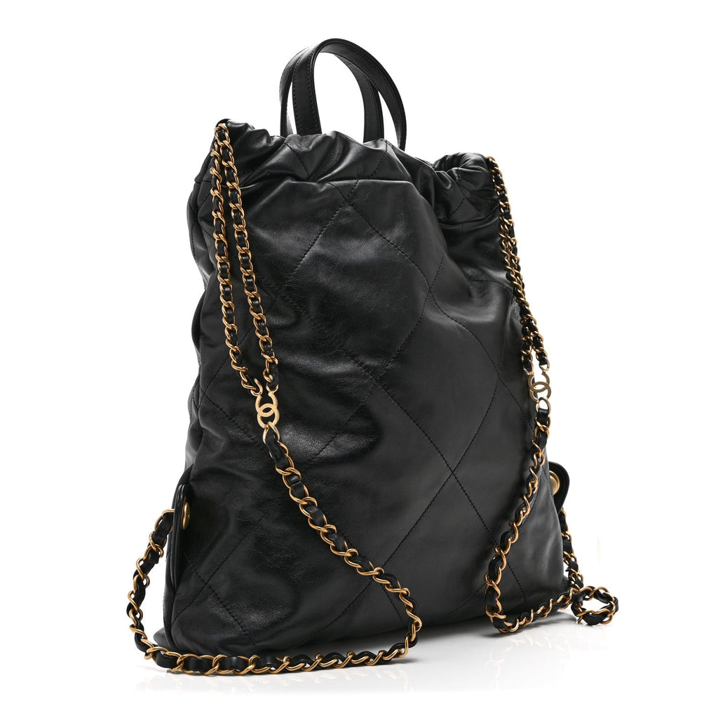 Shiny Calfskin Quilted Chanel 22 Backpack Black