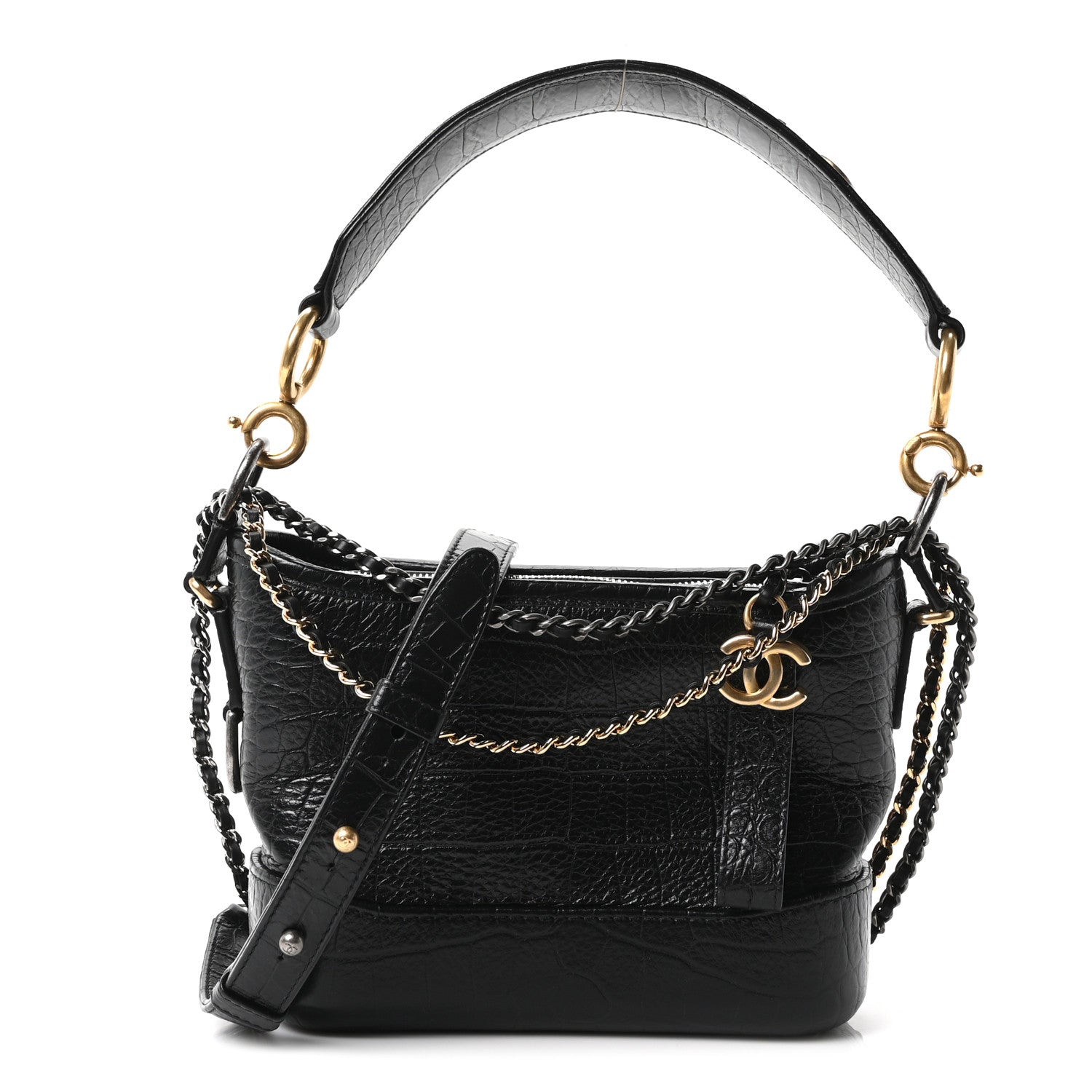 Calfskin Crocodile Embossed Small Gabrielle Cocodile Hobo Black