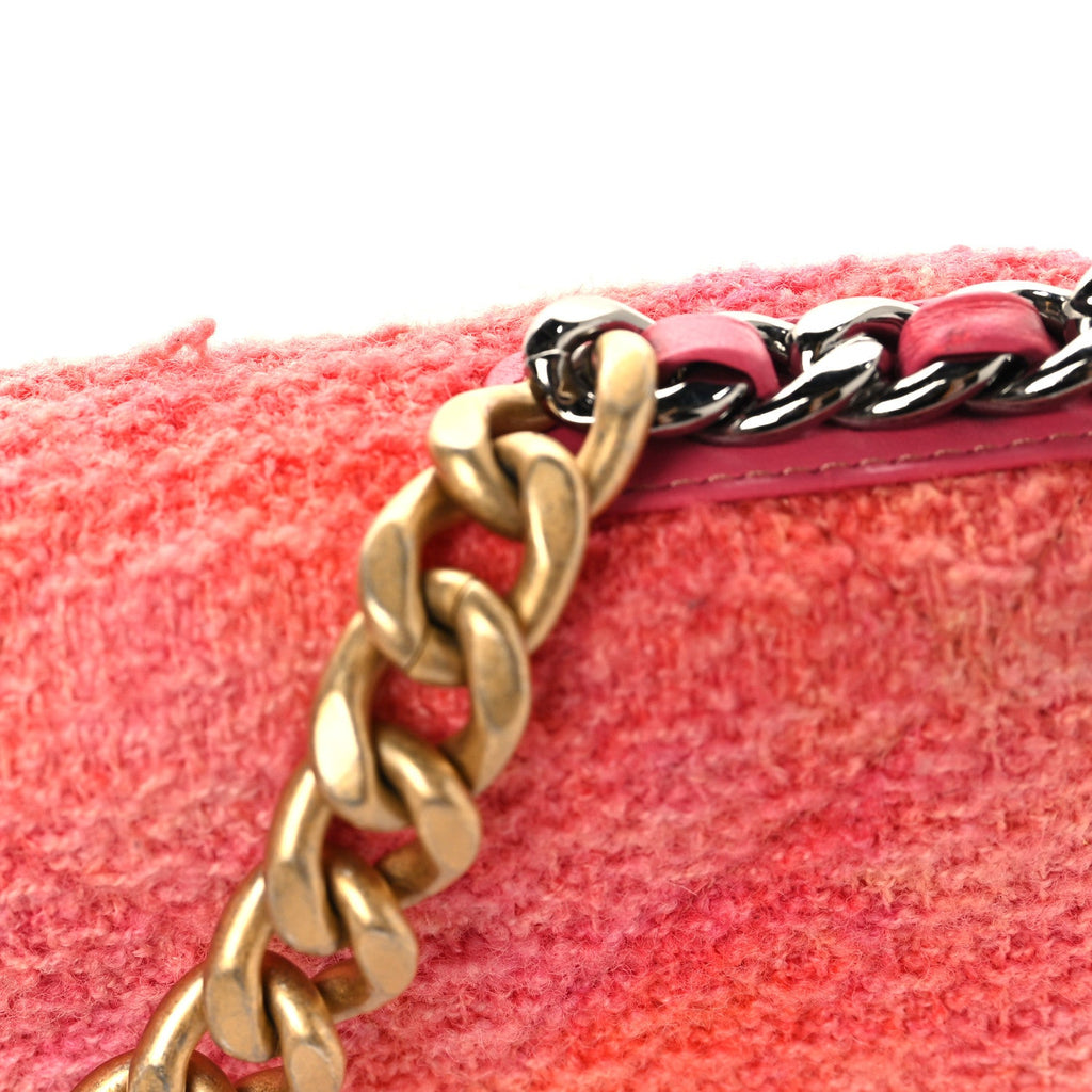 Wool Tweed Lambskin Quilted Chanel 19 Wallet On Chain WOC Coral Pink