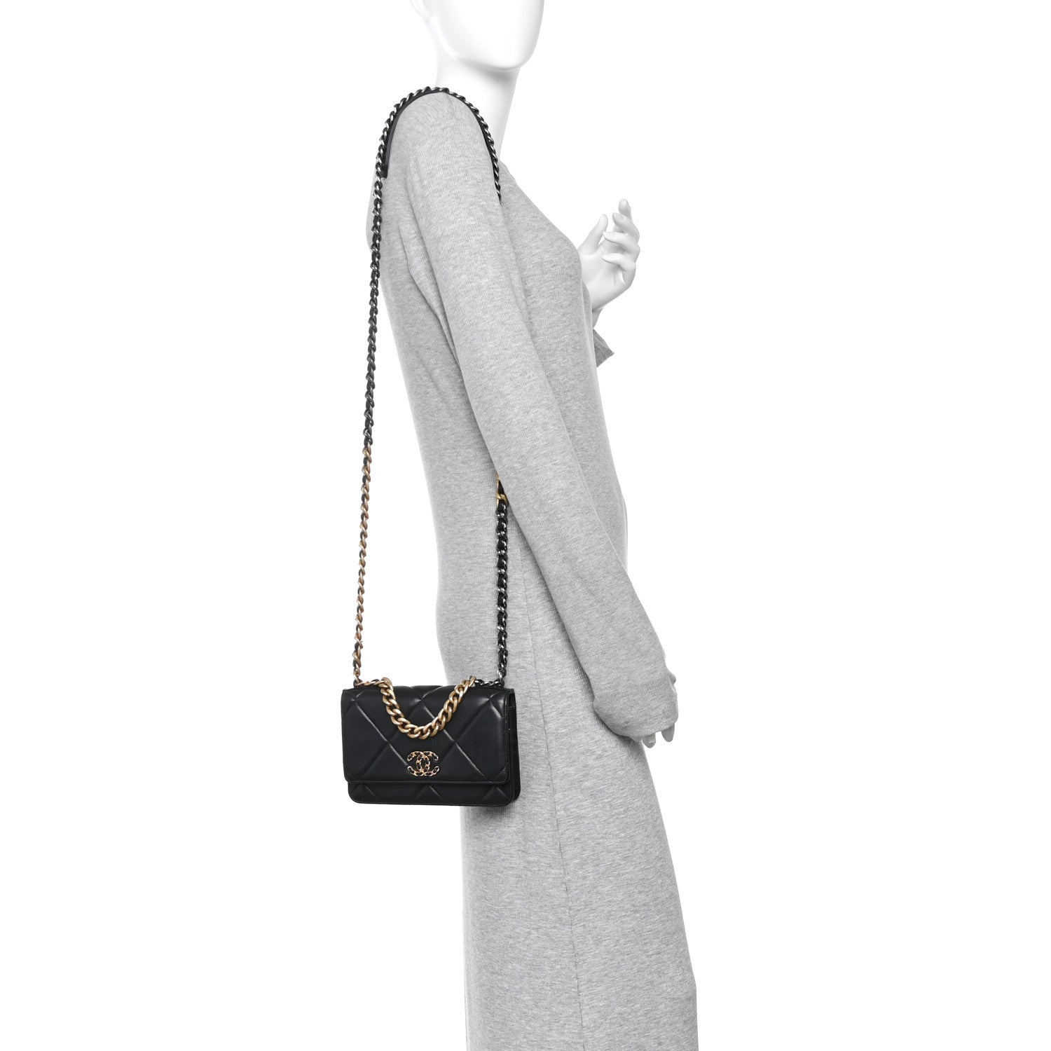 Lambskin Quilted Chanel 19 Wallet On Chain WOC Black