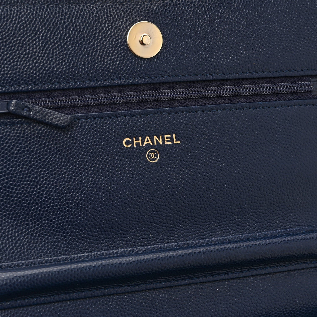 Caviar Quilted Crystal CC Wallet On Chain WOC Navy
