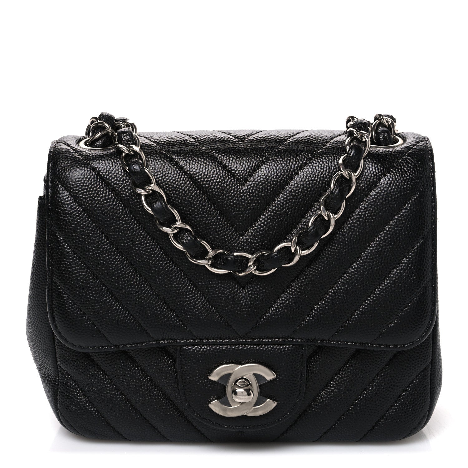Caviar Chevron Quilted Mini Square Flap Black