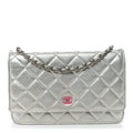 Metallic Lambskin Quilted Wallet On Chain WOC Silver