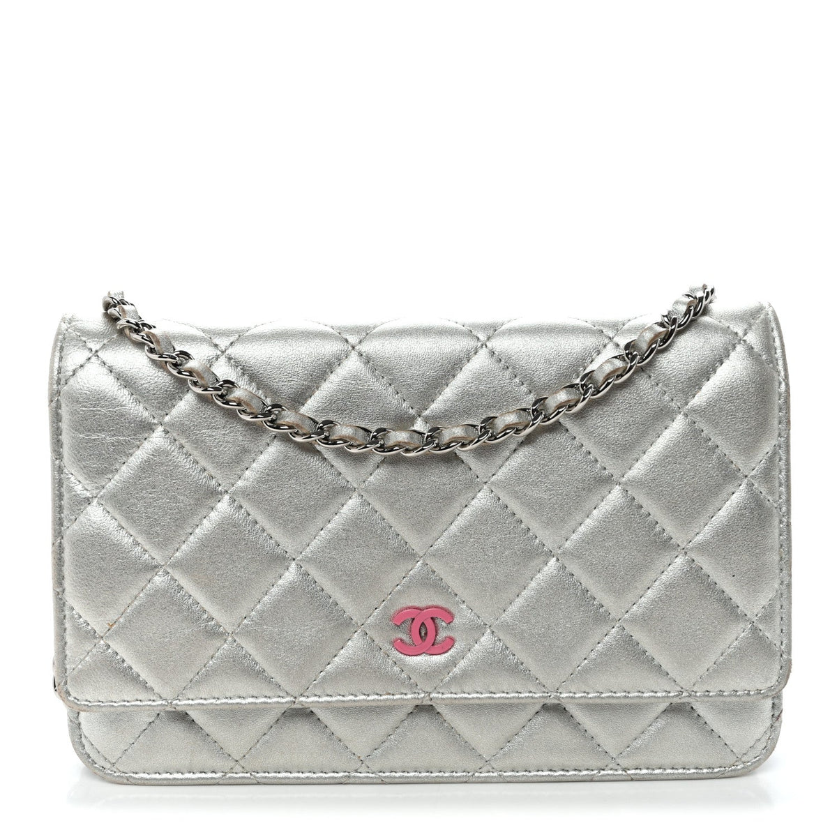Metallic Lambskin Quilted Wallet On Chain WOC Silver