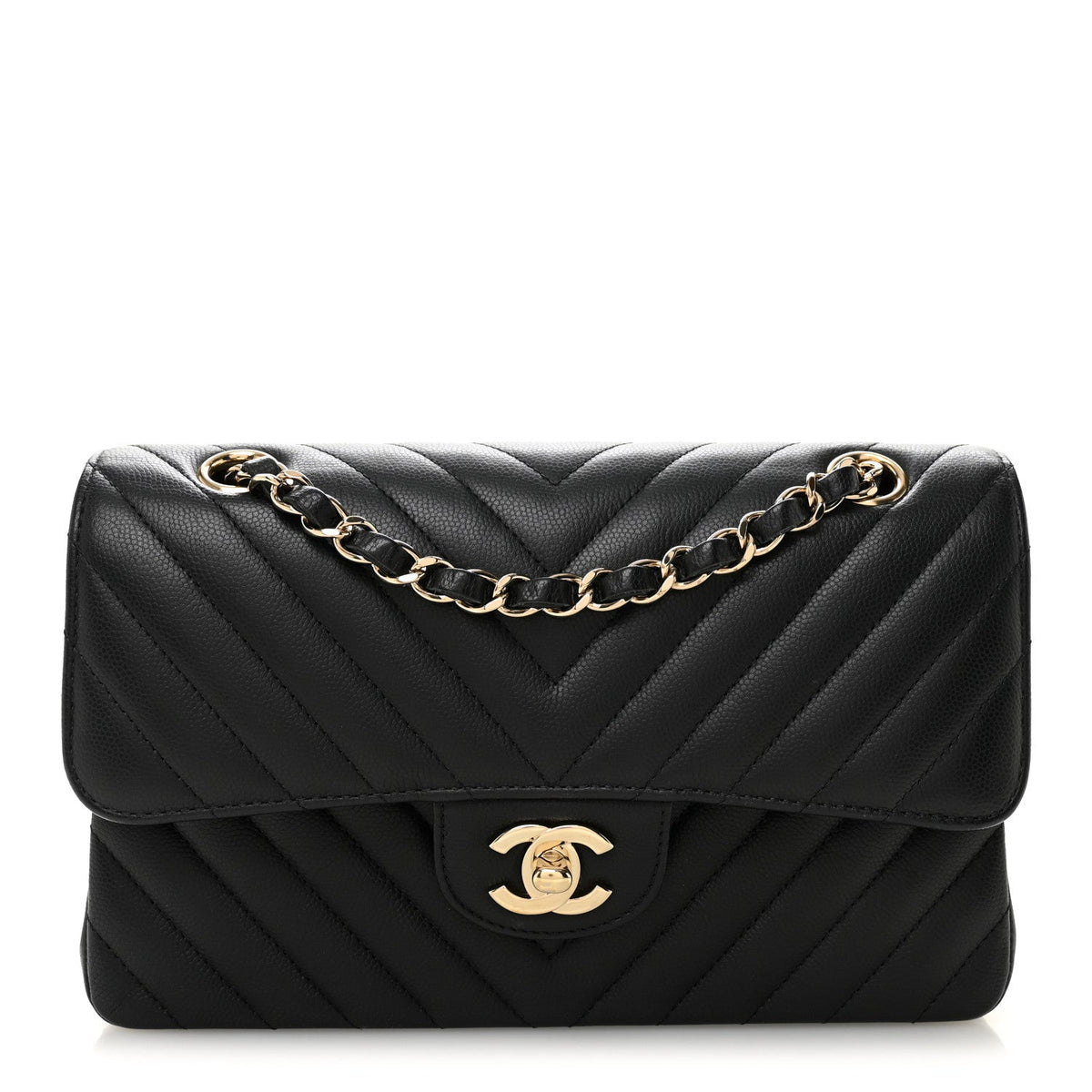 Caviar Flat Chevron Quilted Small Double Flap Black