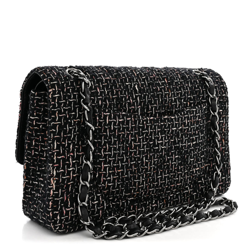 Tweed Quilted Medium Double Flap Black