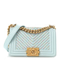 Calfskin Chevron Embroidered Small Boy By The Sea Flap Light Blue