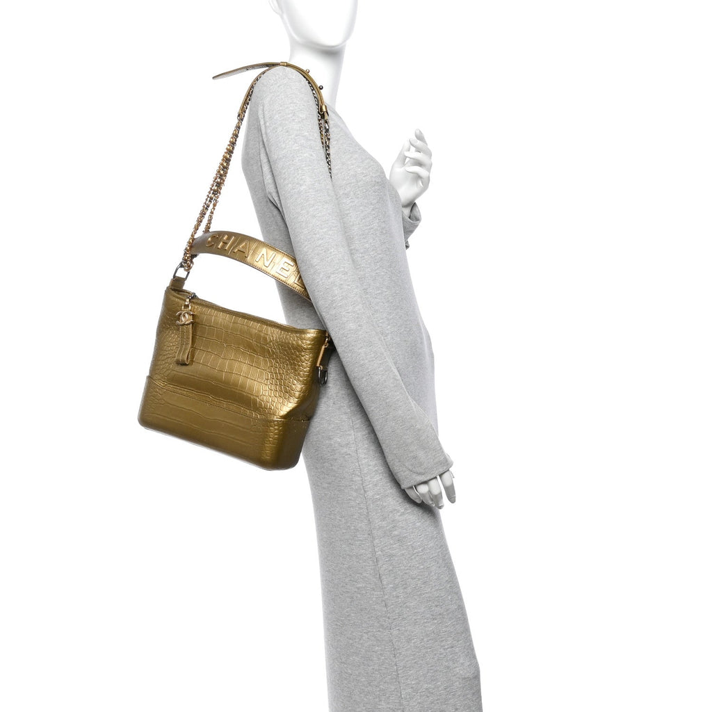 Metallic Calfskin Crocodile Embossed Medium Gabrielle Cocodile Hobo Gold