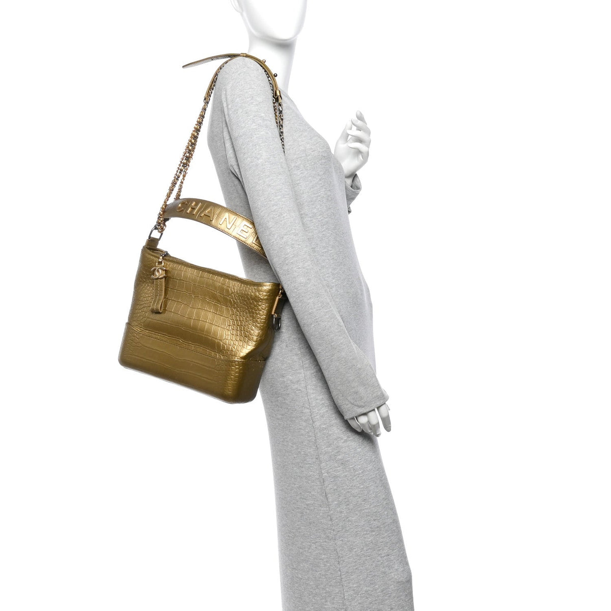 Metallic Calfskin Crocodile Embossed Medium Gabrielle Cocodile Hobo Gold