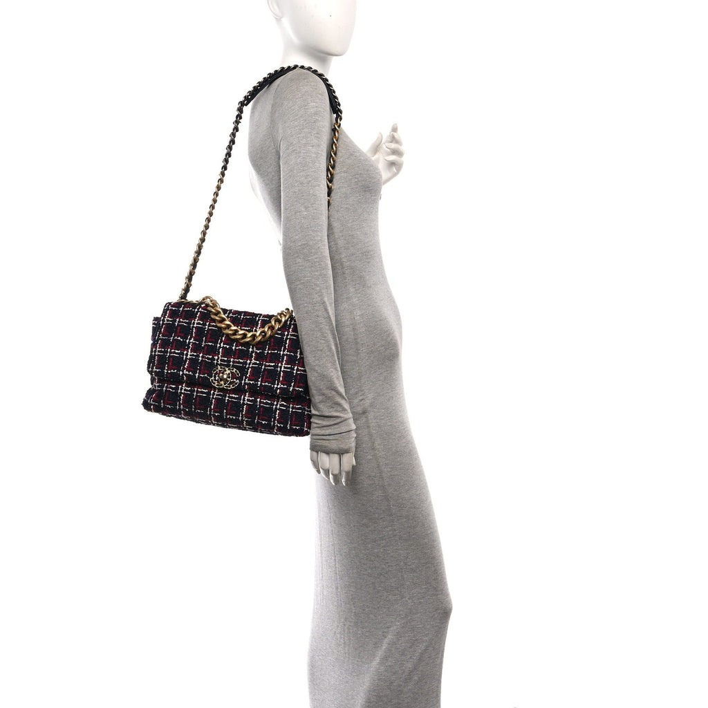 Tweed Quilted Large Chanel 19 Flap Navy Blue White Red
