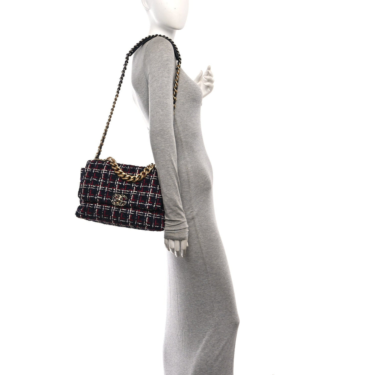 Tweed Quilted Large Chanel 19 Flap Navy Blue White Red