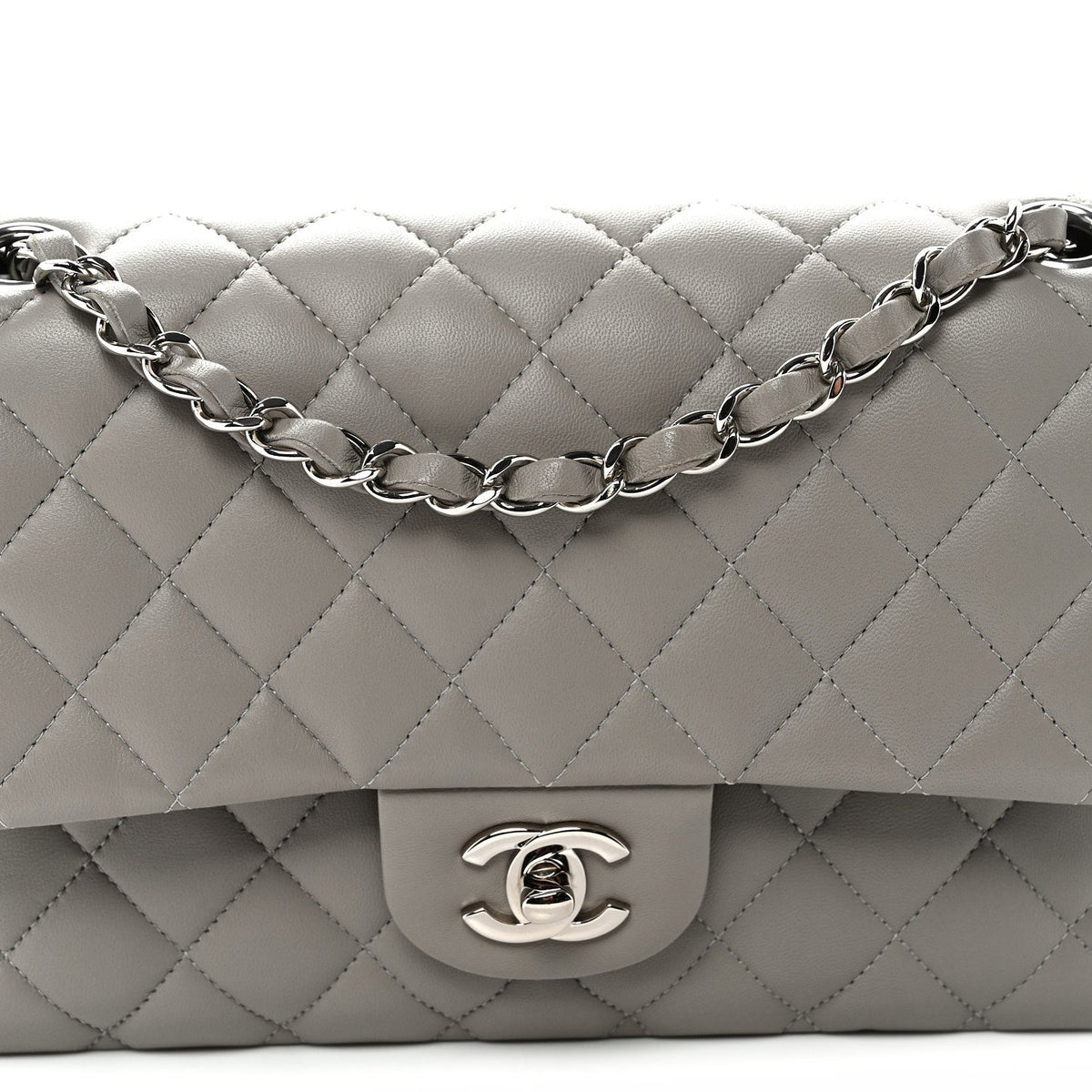 Lambskin Quilted Medium Double Flap Grey
