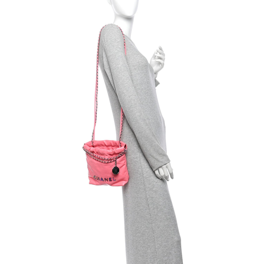 Shiny Calfskin Quilted Rainbow Metal Mini Chanel 22 Coral Pink