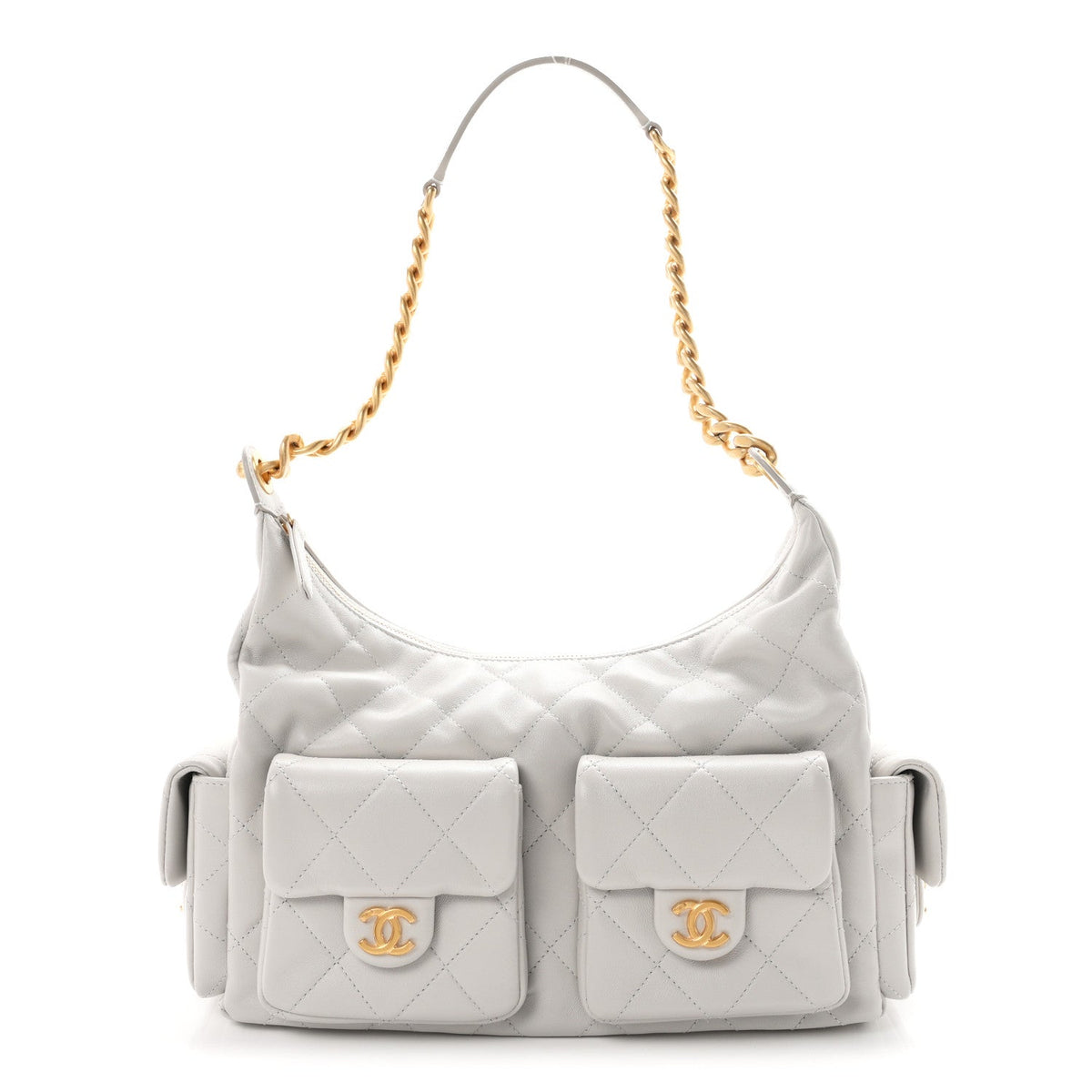 Shiny Lambskin Quilted Large Trendy Pockets Hobo Light Grey