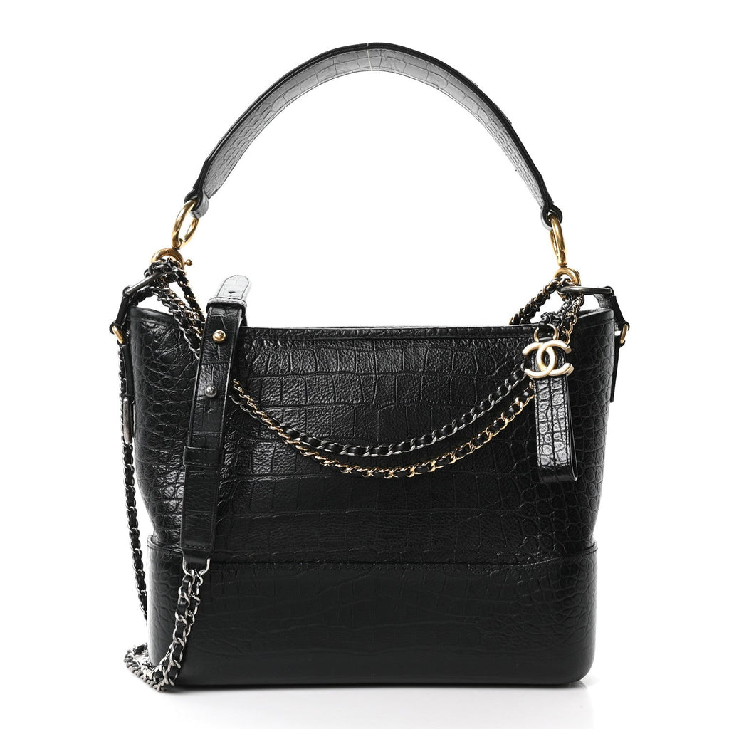 Crocodile Embossed Calfskin Medium Gabrielle Cocodile Hobo Black