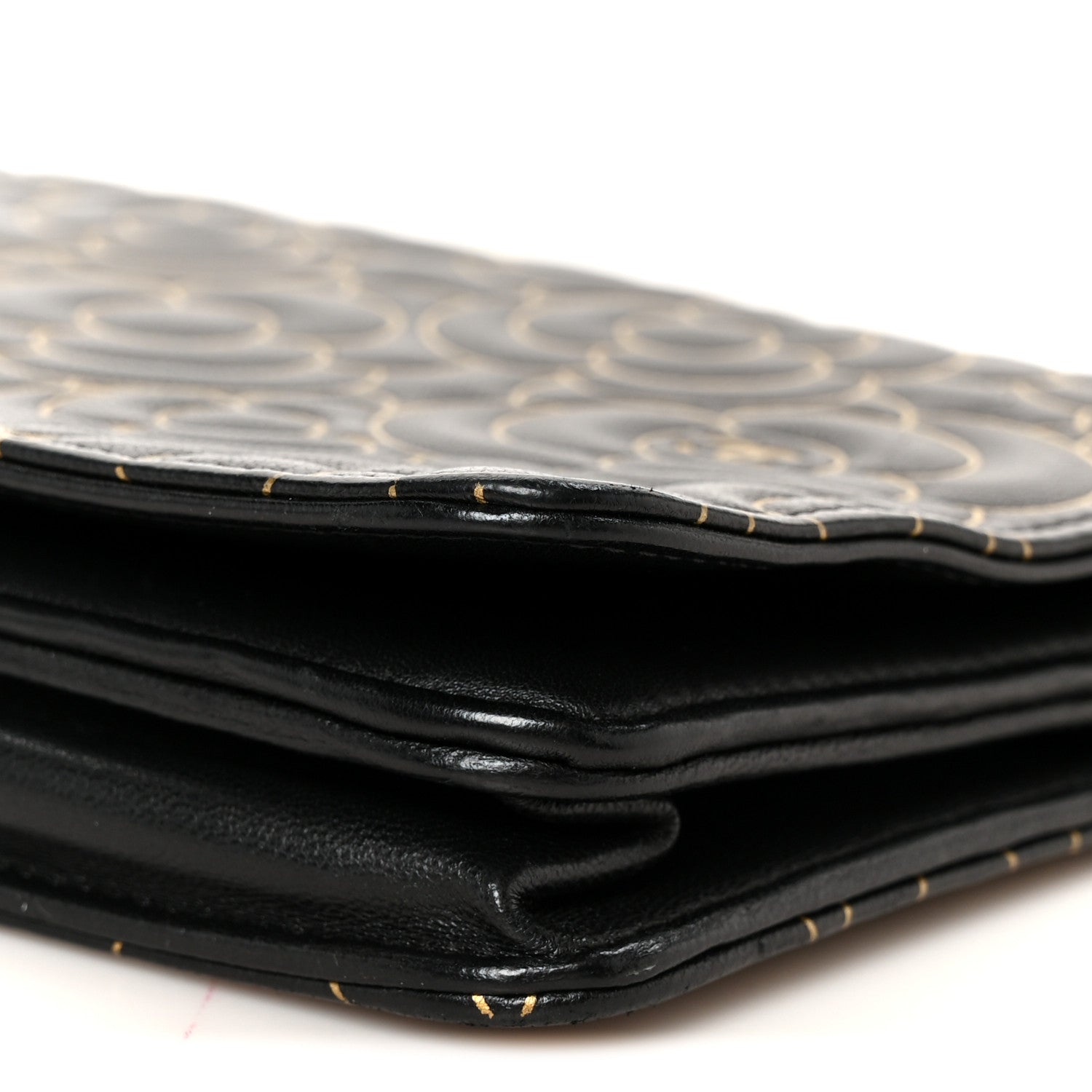 Lambskin Camellia Embossed Wallet On Chain WOC Black Gold