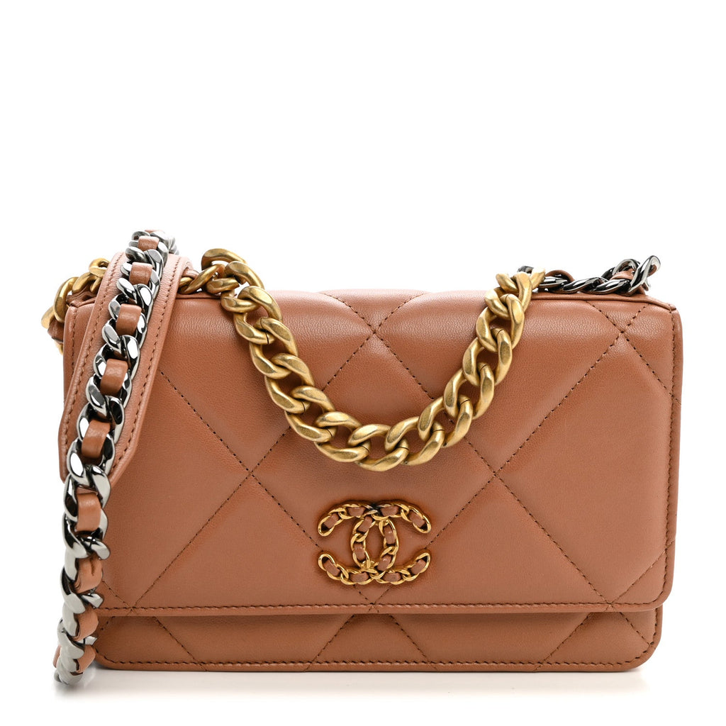Lambskin Quilted Chanel 19 Wallet On Chain WOC Brown