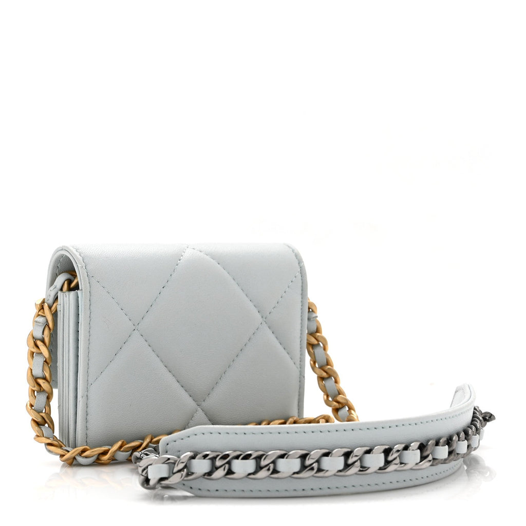 Lambskin Quilted Chanel 19 Flap Card Holder With Chain Light Blue