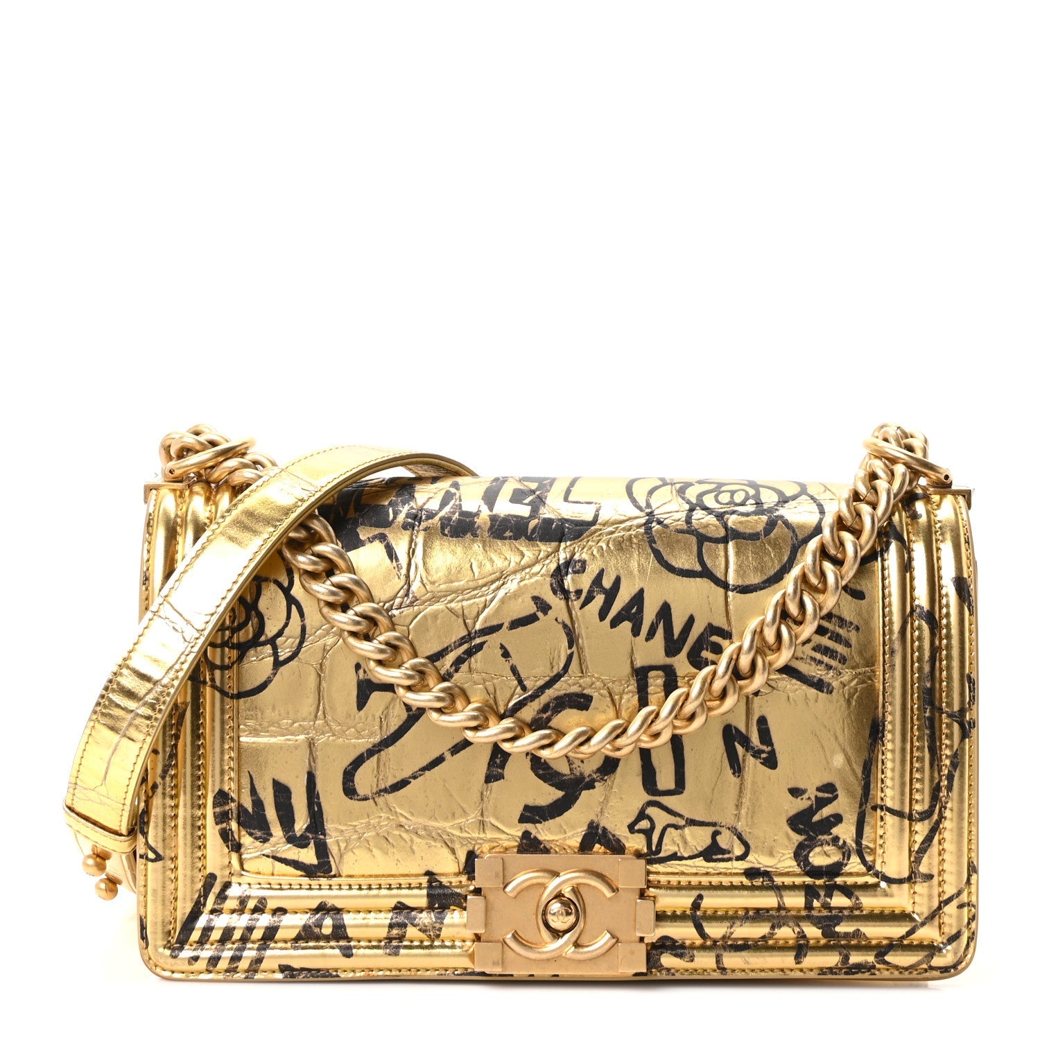 Metallic Calfskin Crocodile Embossed Graffiti Medium Cocodile Boy Flap Gold