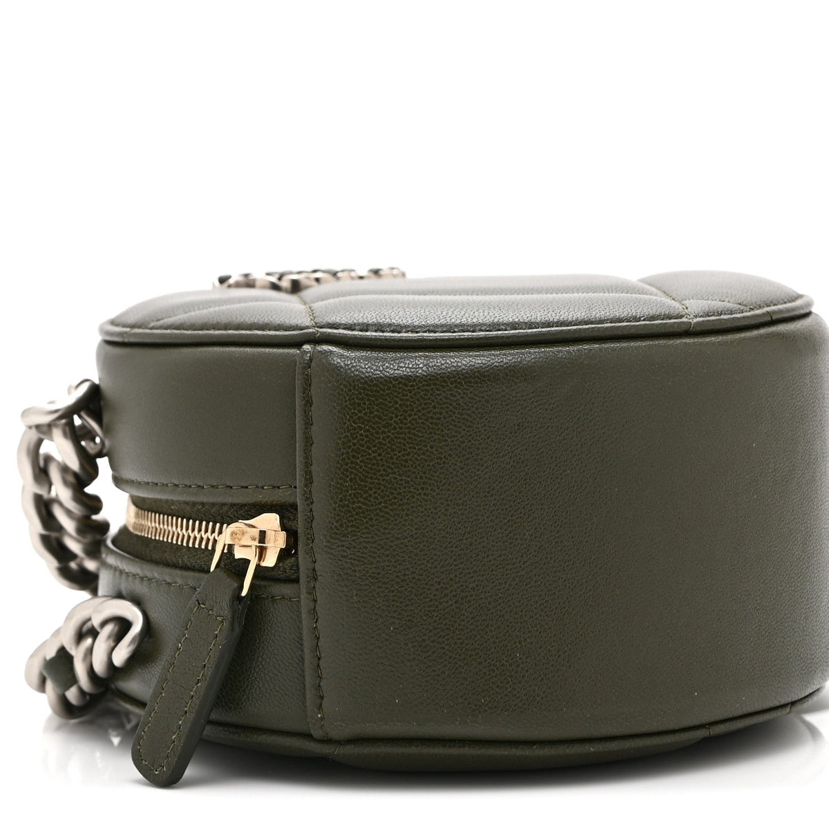 Lambskin Quilted Chanel 19 Round Clutch With Chain Khaki