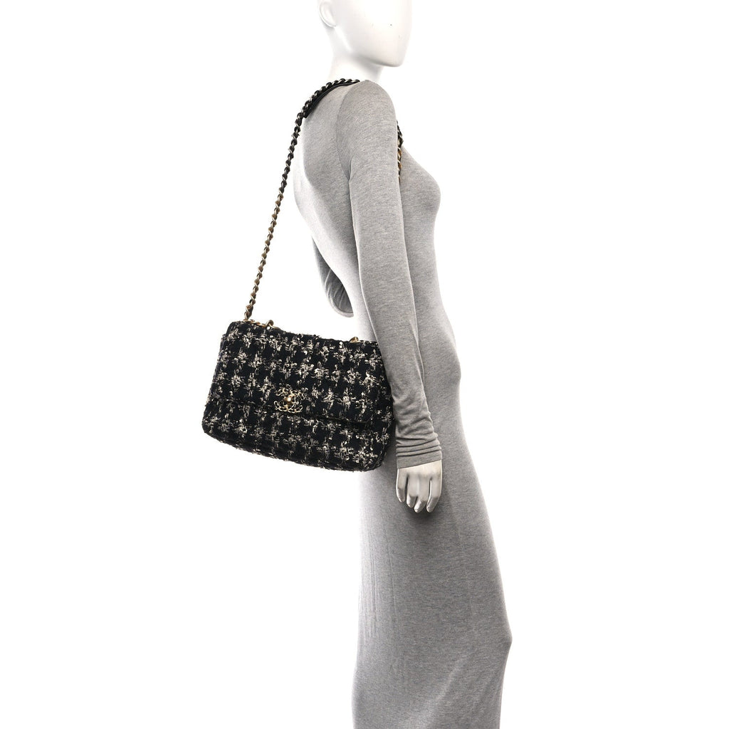 Tweed Quilted Large Chanel 19 Flap Black Silver Ecru