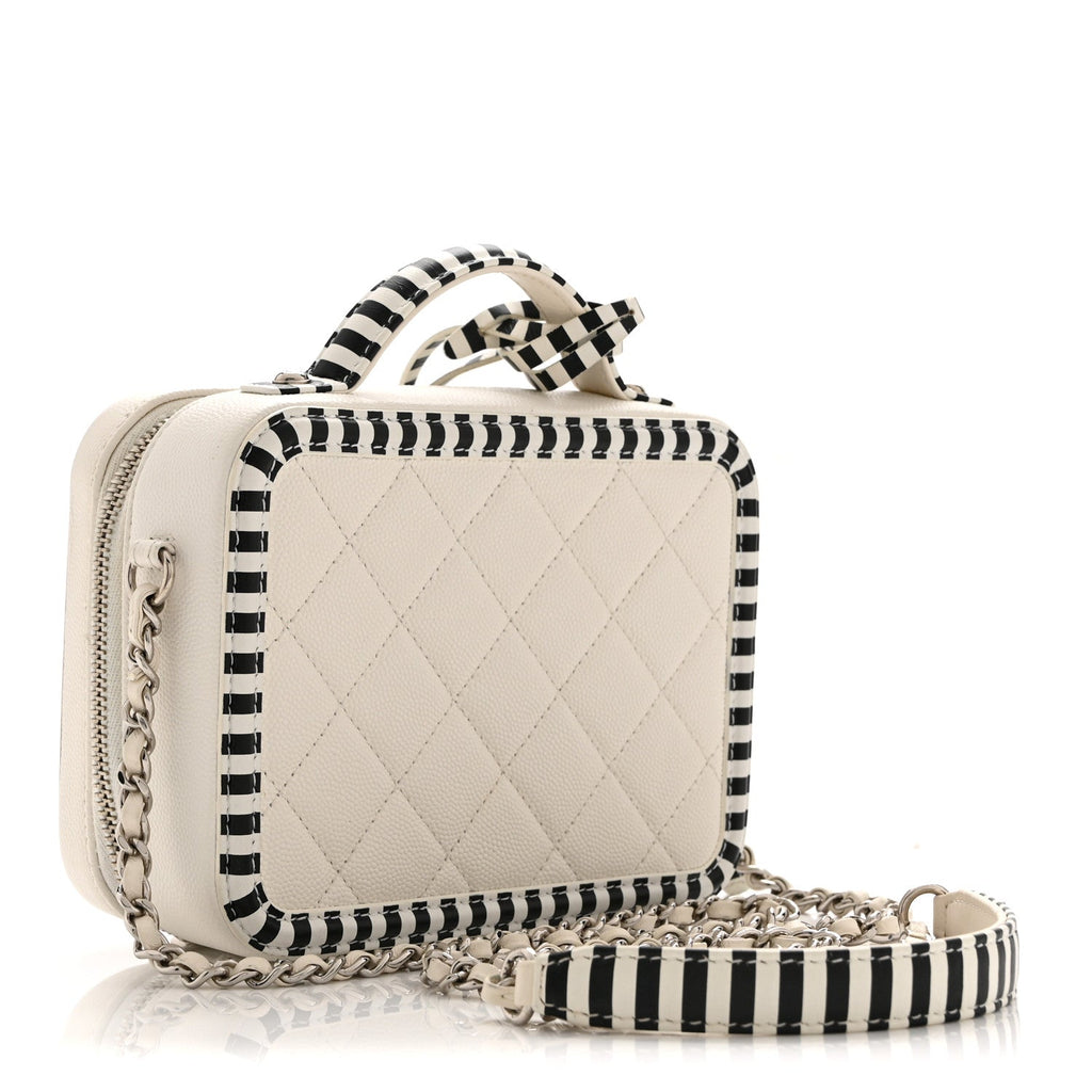 Caviar Quilted Striped Small CC Filigree Vanity Case White Black