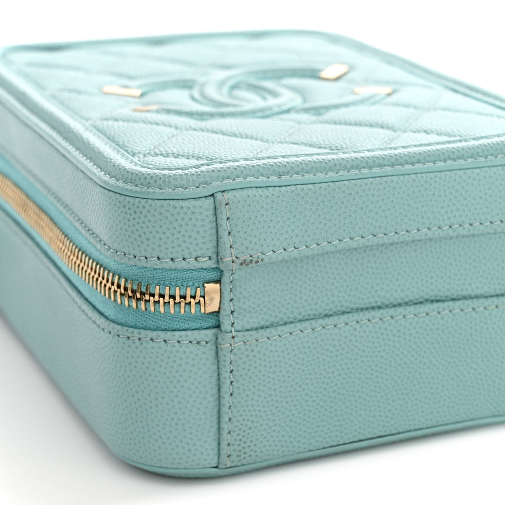 Caviar Quilted CC North South Filigree Vanity Case Light Blue