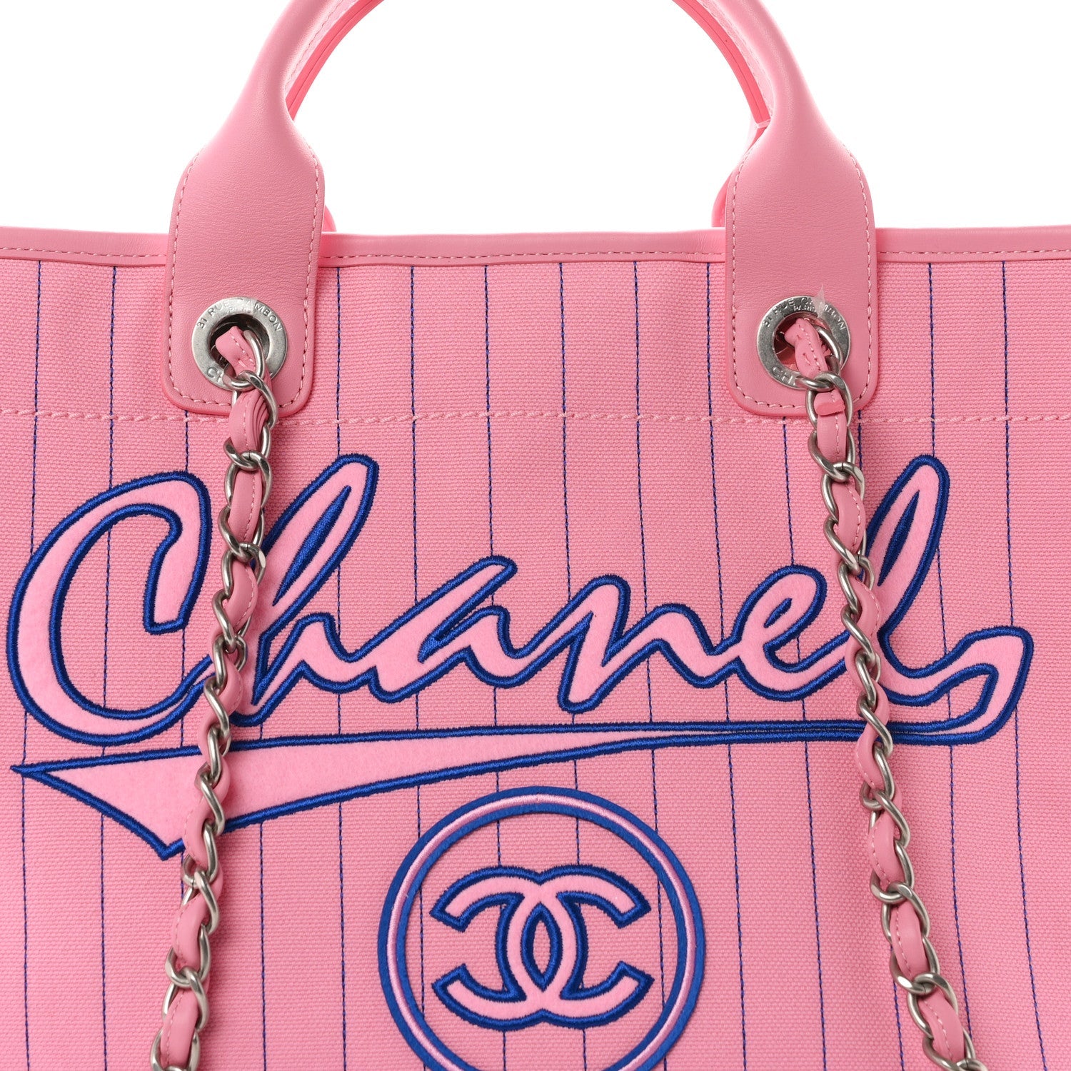 Canvas Calfskin Striped Large Deauville Tote Pink Blue