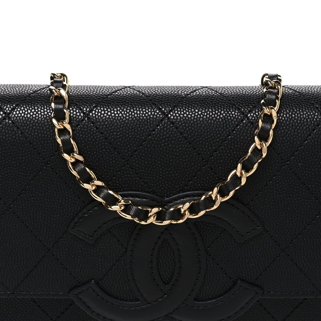 Shiny Caviar Lambskin Quilted CC Neo Filigree Wallet on Chain WOC Black