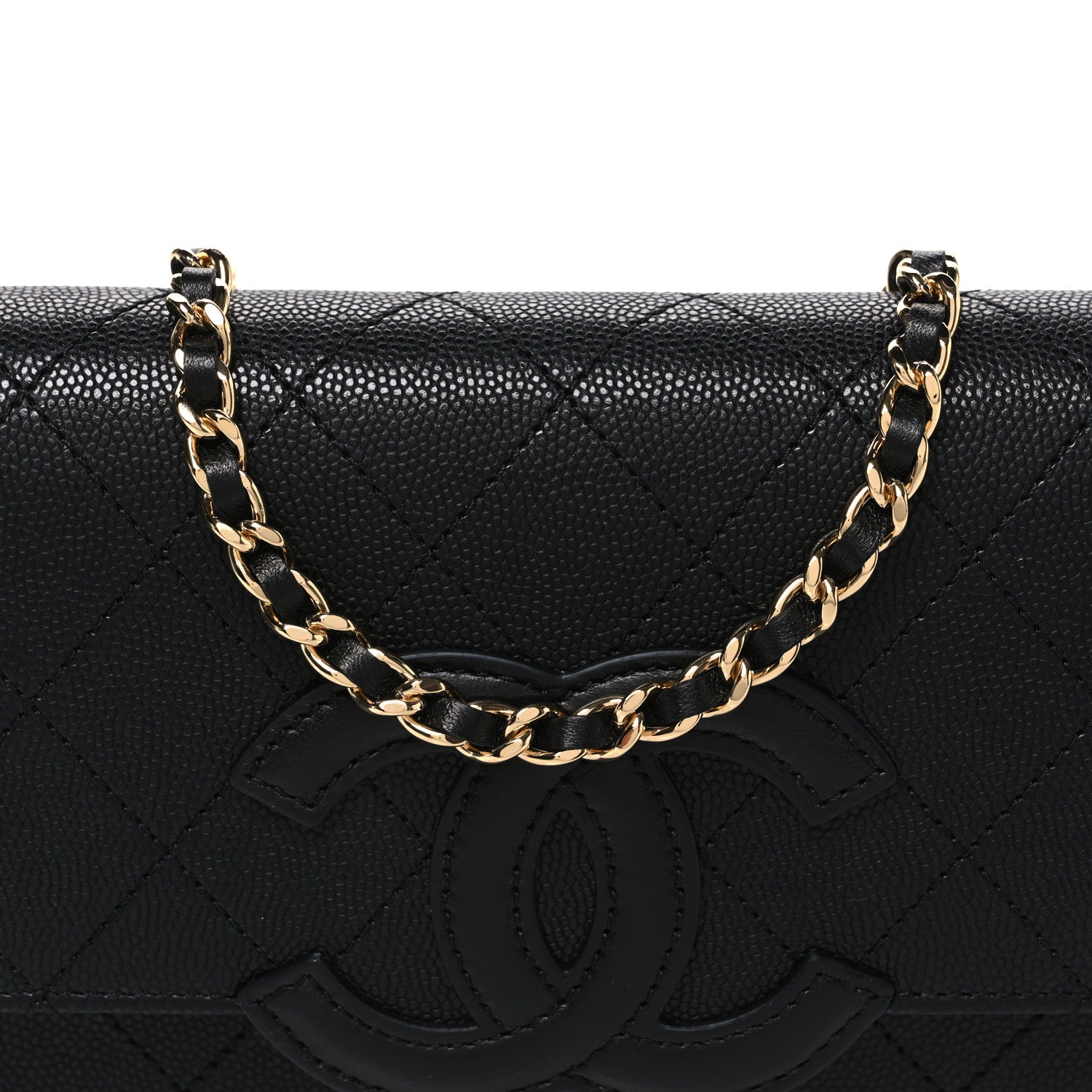 Shiny Caviar Lambskin Quilted CC Neo Filigree Wallet on Chain WOC Black