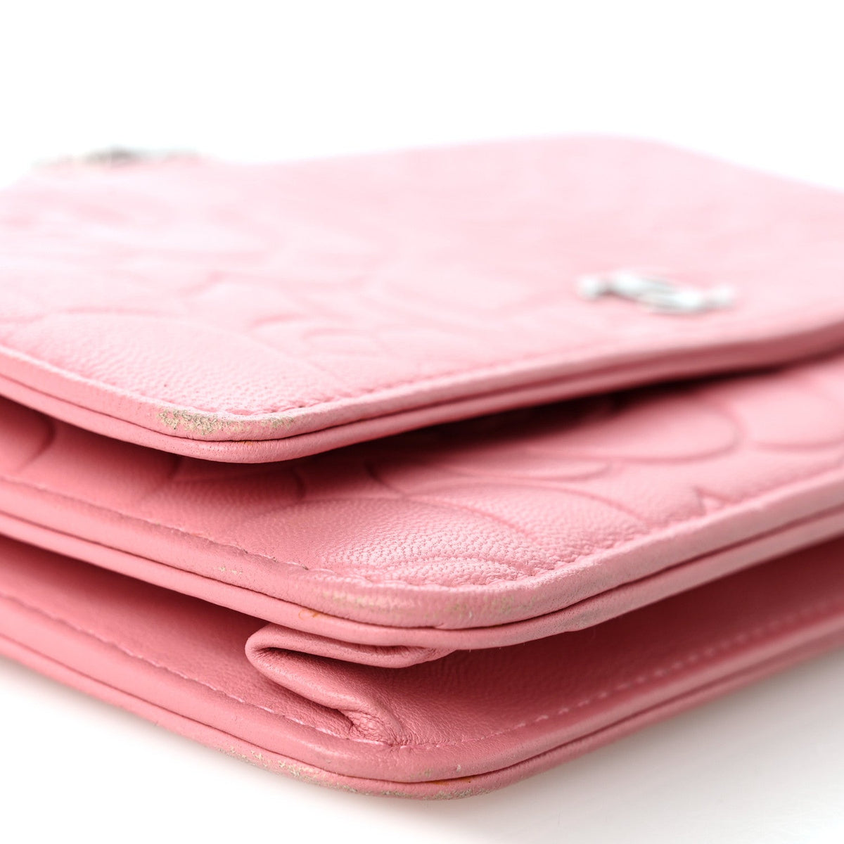 Lambskin Camellia Embossed Wallet on Chain WOC Pink