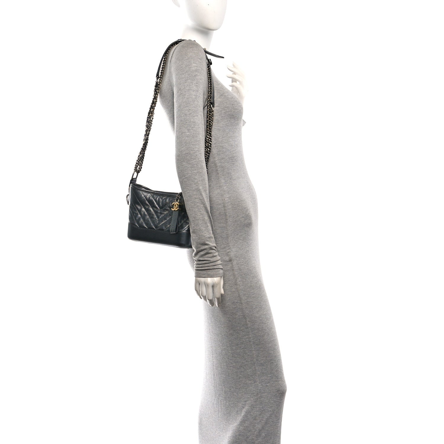 Metallic Aged Calfskin Chevron Quilted Small Gabrielle Hobo Dark Grey