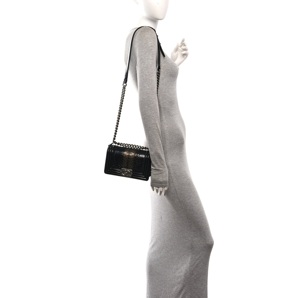 Patent Calfskin Snakeskin Small Boy Flap Black Silver