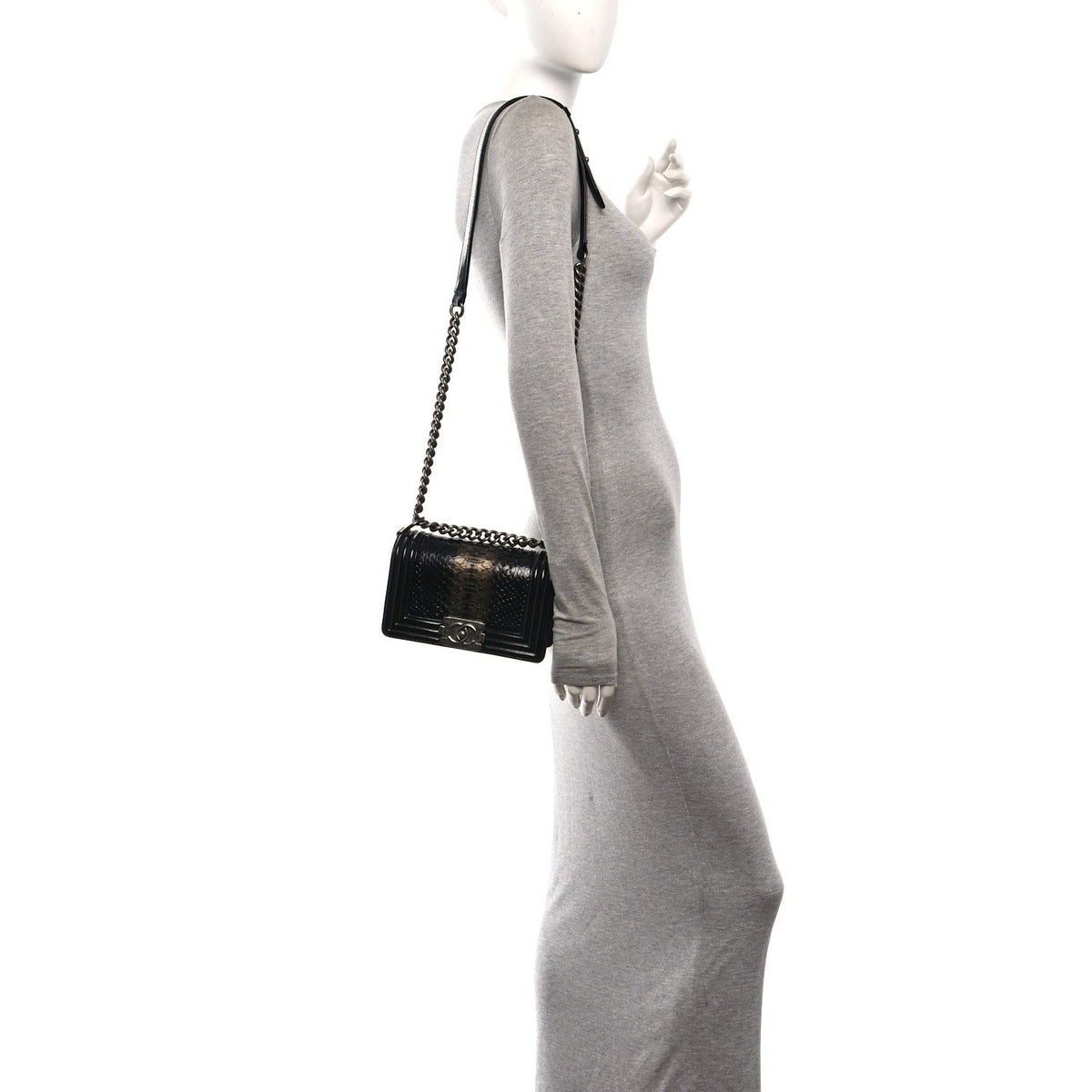Patent Calfskin Snakeskin Small Boy Flap Black Silver