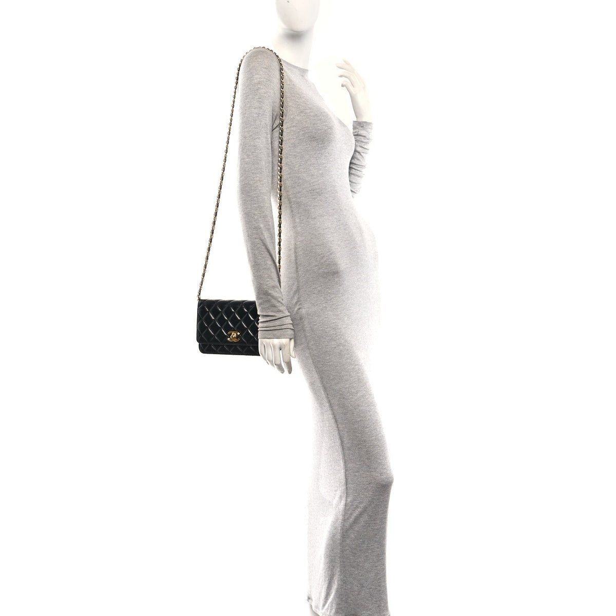 Shiny Lambskin Quilted Golden Links Wallet On Chain WOC Black