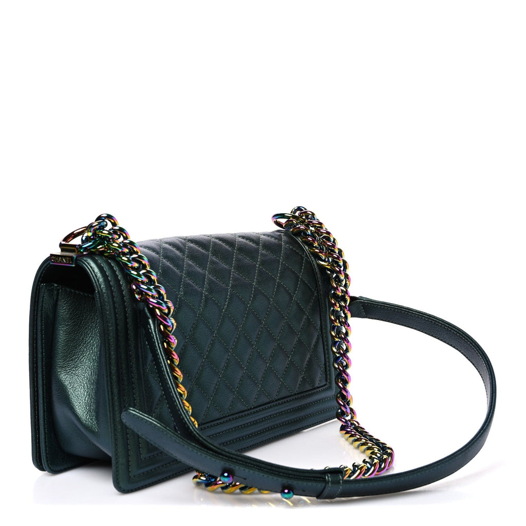 Iridescent Goatskin Quilted Medium Boy Flap Green