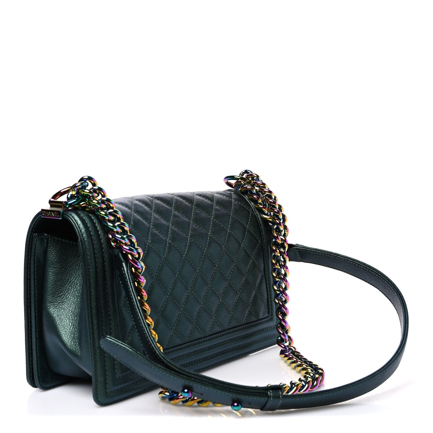 Iridescent Goatskin Quilted Medium Boy Flap Green