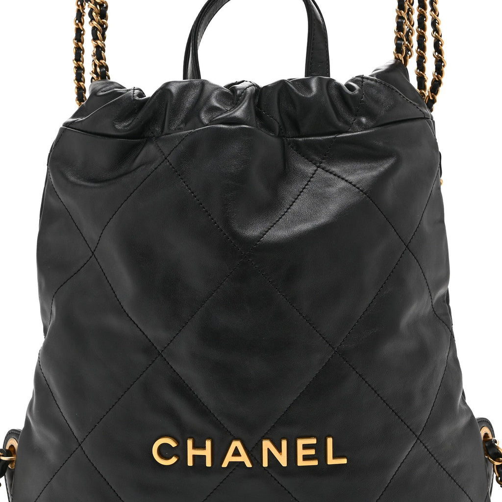 Shiny Calfskin Quilted Chanel 22 Backpack Black