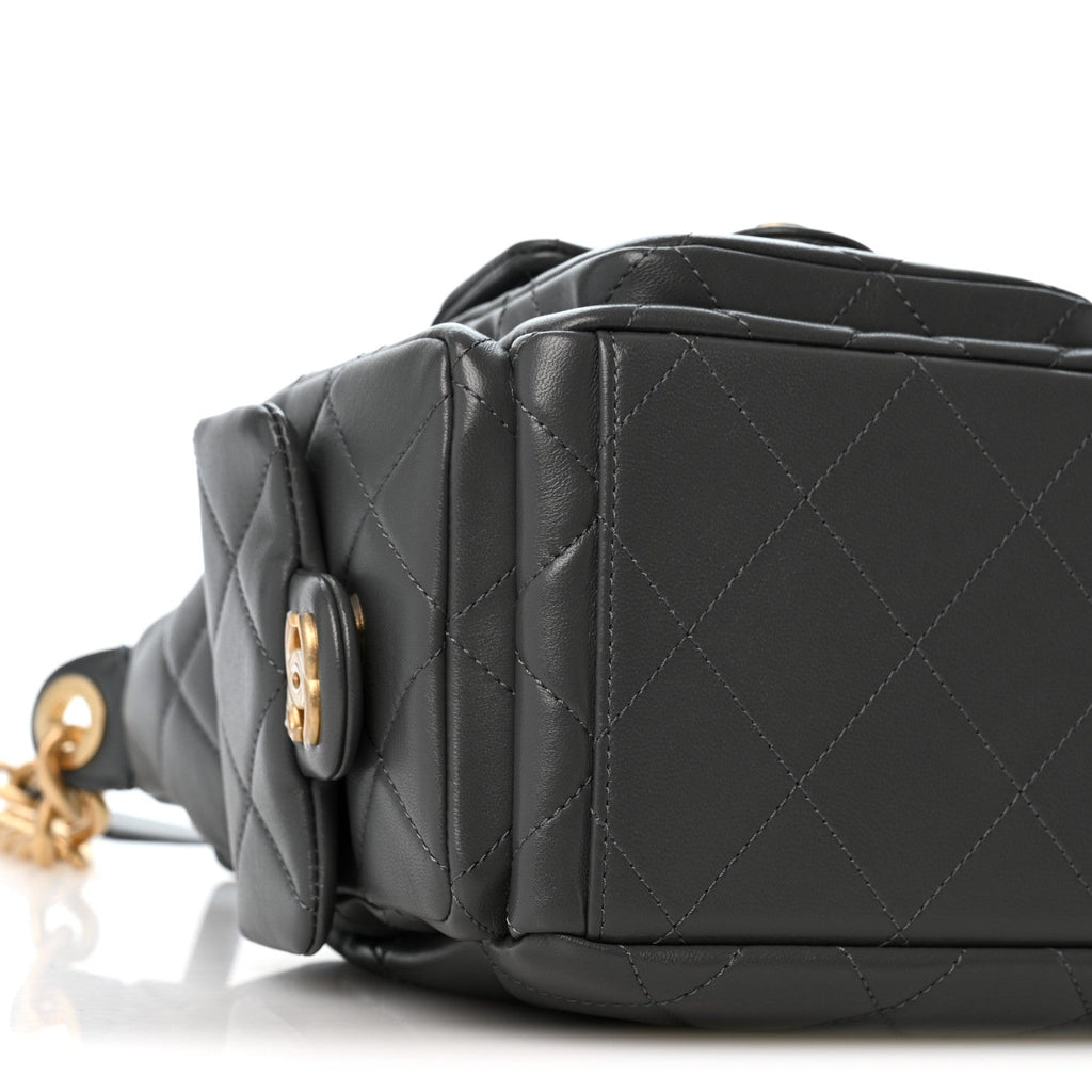 Shiny Lambskin Quilted Trendy Pockets Hobo Dark Grey