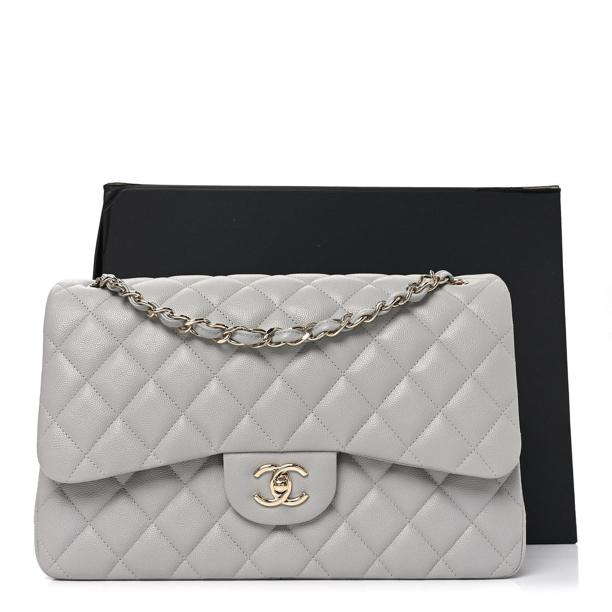 Caviar Quilted Jumbo Double Flap Grey