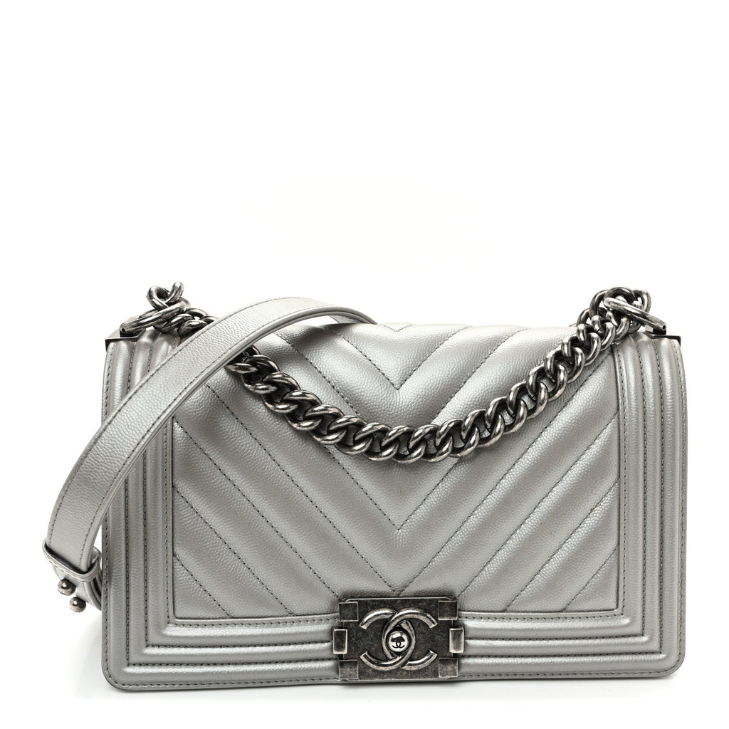 Metallic Caviar Chevron Quilted Medium Boy Flap Silver