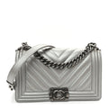 Metallic Caviar Chevron Quilted Medium Boy Flap Silver