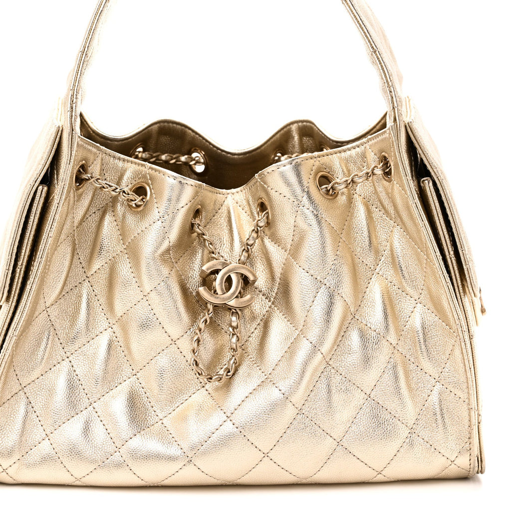 Metallic Caviar Quilted Small Chanel 25 Handbag Gold