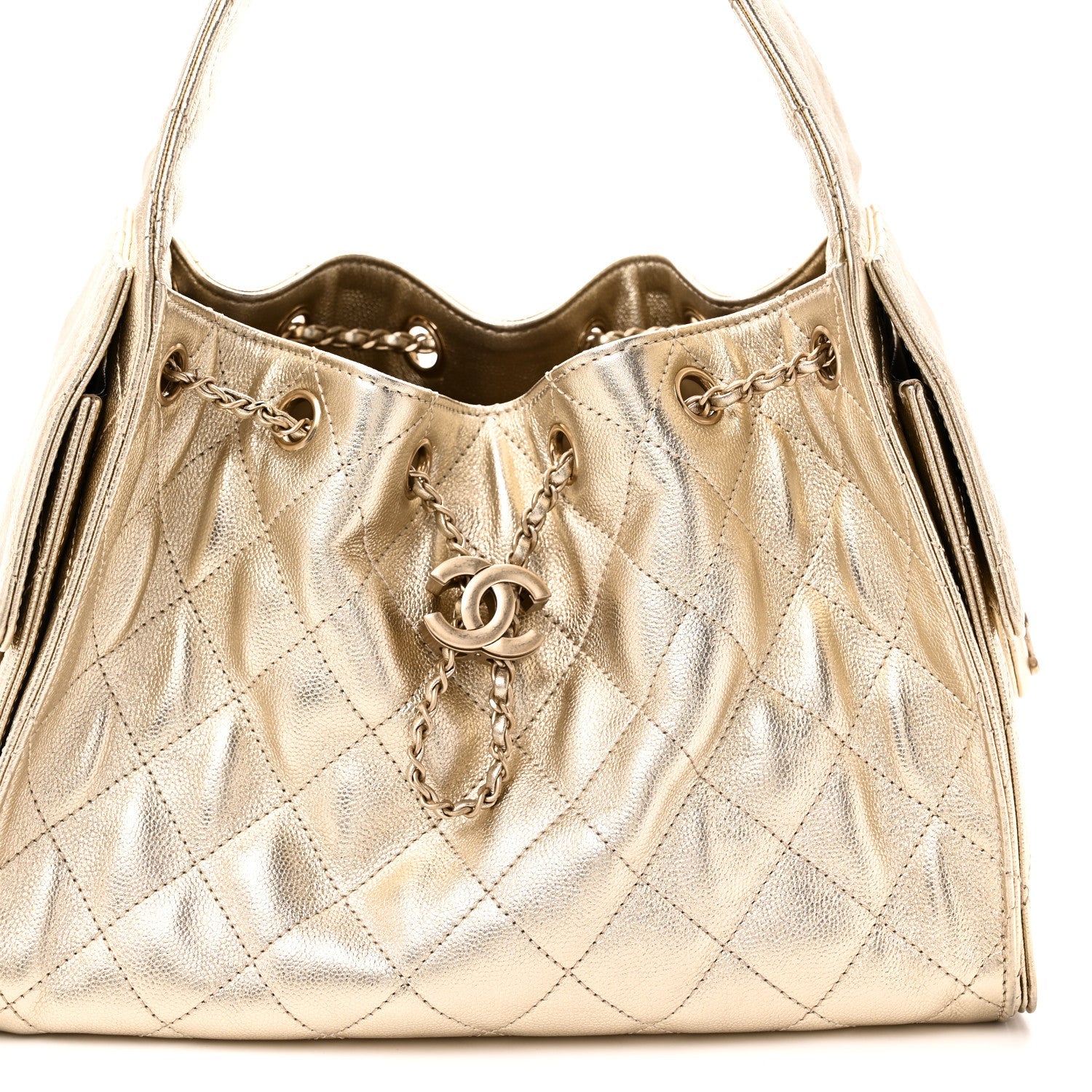 Metallic Caviar Quilted Small Chanel 25 Handbag Gold