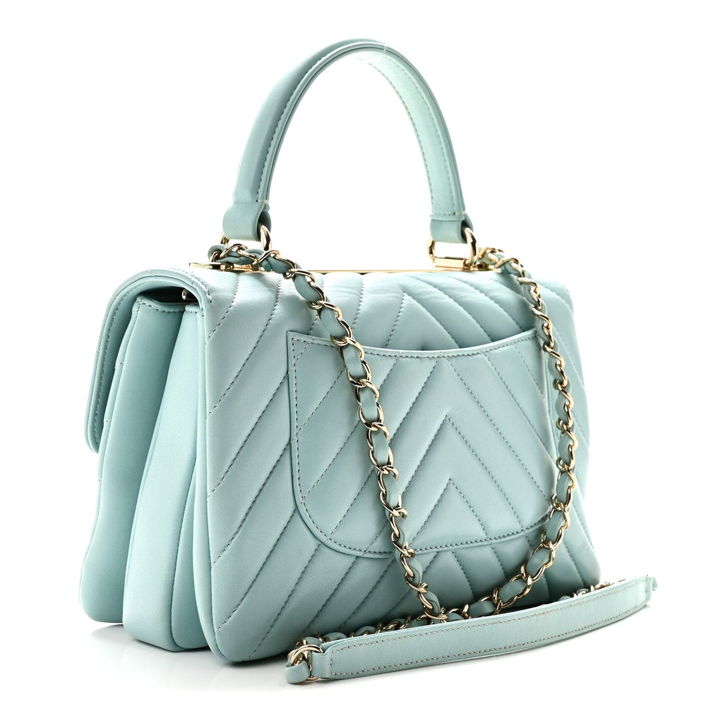 Lambskin Chevron Quilted Small Trendy CC Flap Dual Handle Bag Light Blue