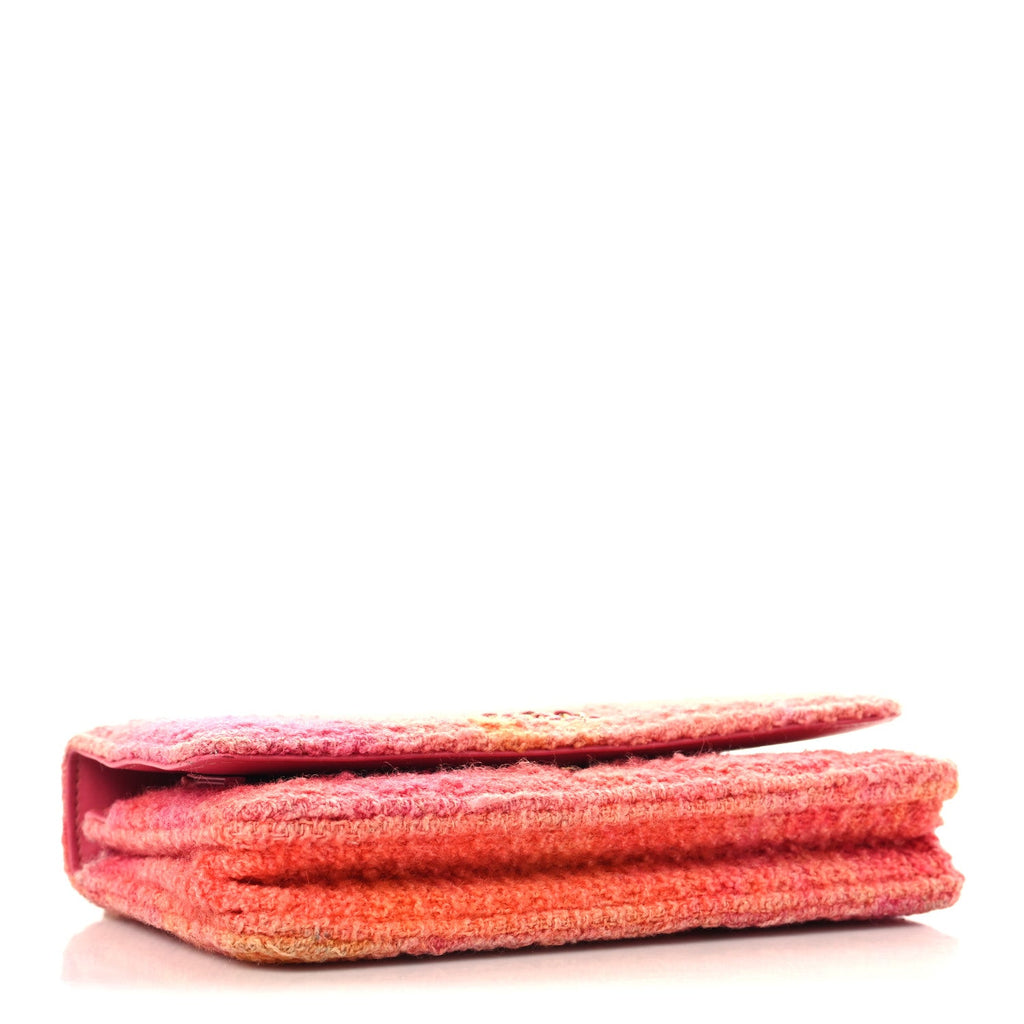 Wool Tweed Lambskin Quilted Chanel 19 Wallet On Chain WOC Coral Pink