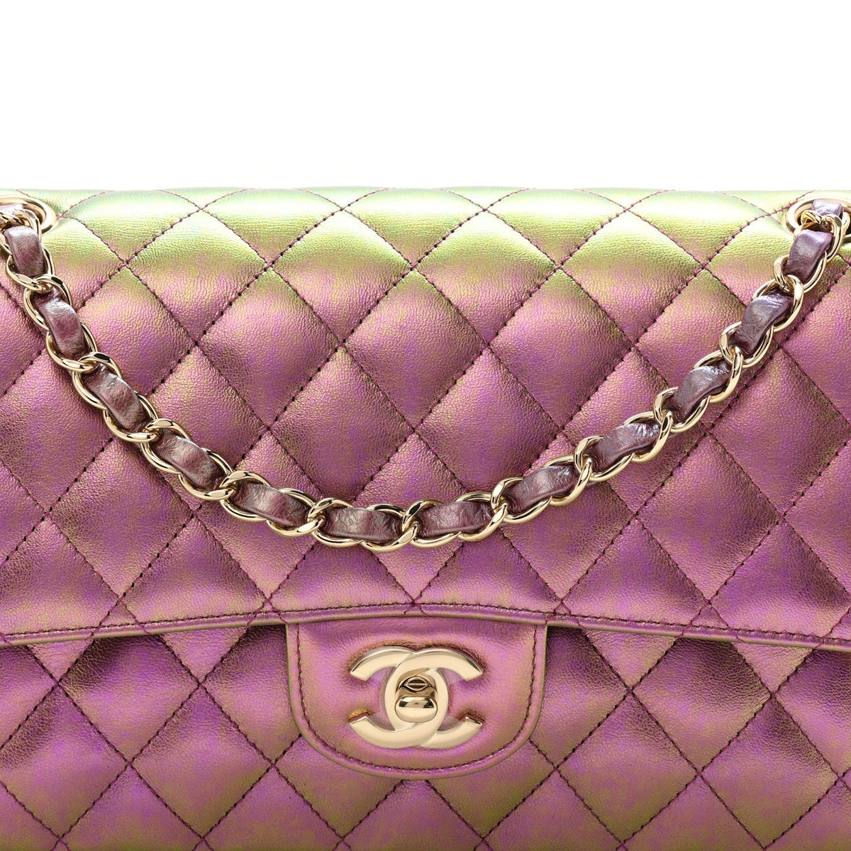 Iridescent Lambskin Quilted Medium Double Flap Purple