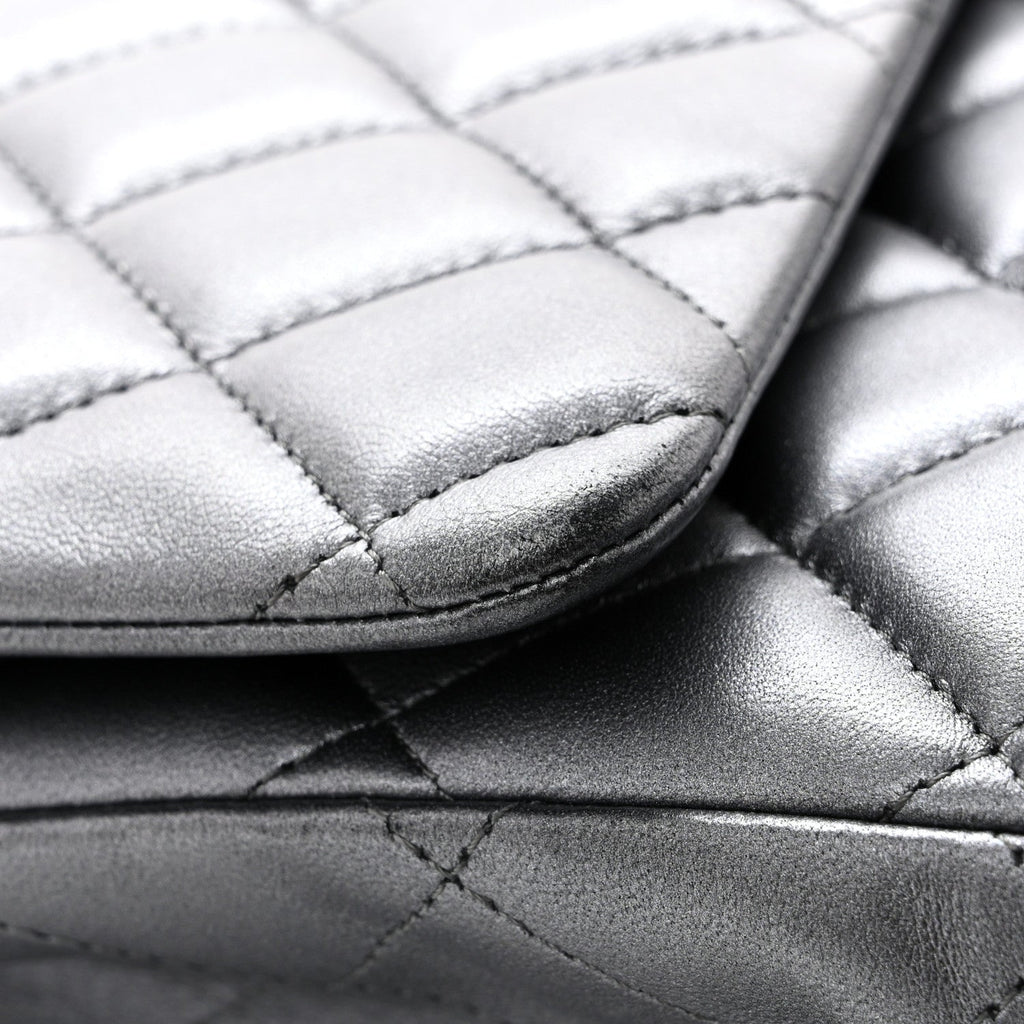 Metallic Lambskin Quilted Maxi Double Flap Pewter