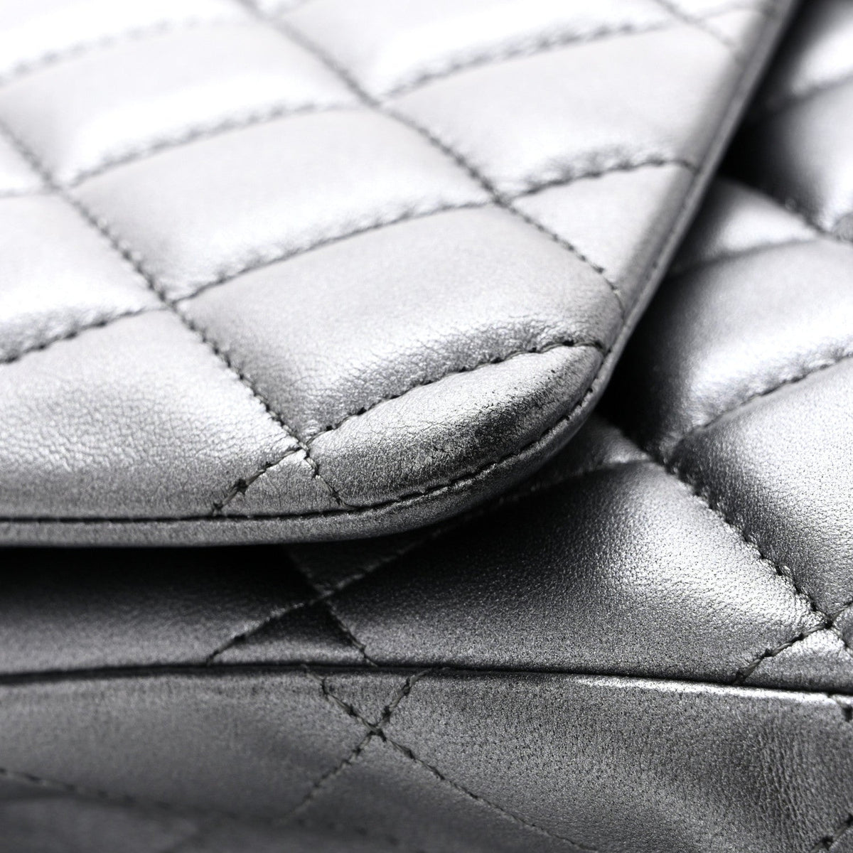 Metallic Lambskin Quilted Maxi Double Flap Pewter