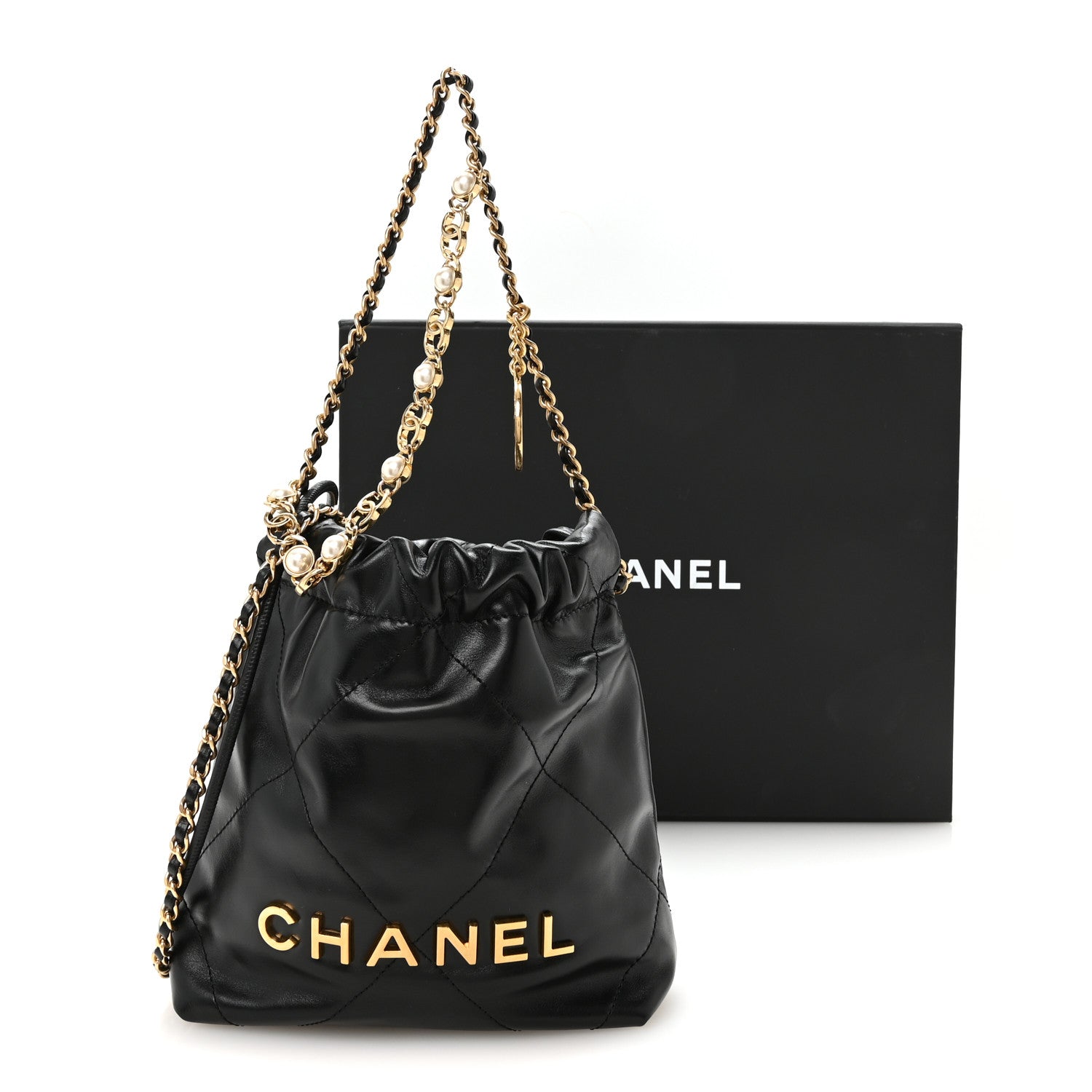 Shiny Calfskin Quilted Pearl CC Chain Mini Chanel 22 Black